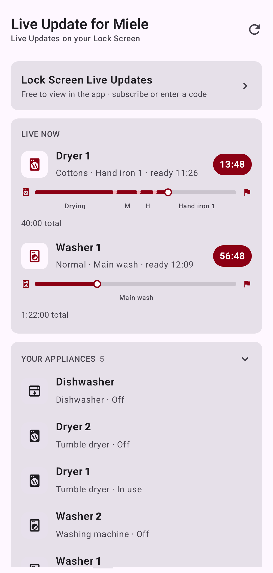 The Android app: a Live Now section with Dryer 1 and Washer 1 counting down, and Your Appliances listing every washer, dryer and dishwasher.