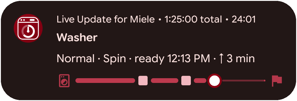 Android Live Update notification: Washer, Normal · Spin, ready 12:13 PM, with a progress bar.